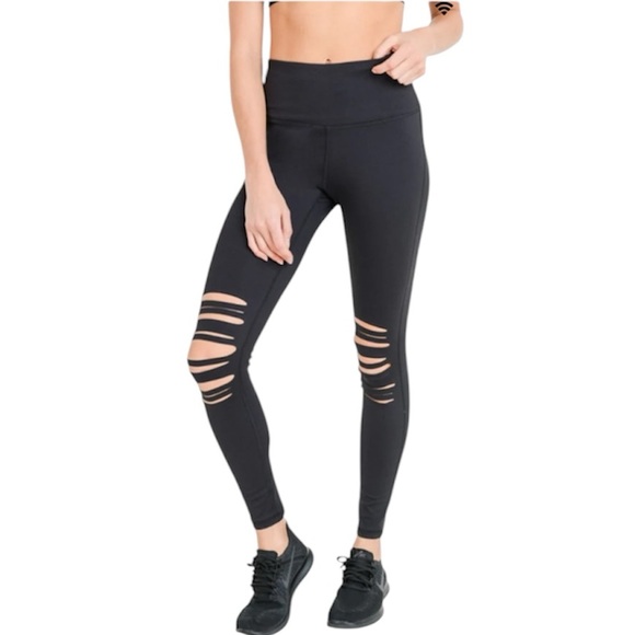 Mono B Pants - Mono B Women's Black Shredded‎ Knee Laser Cut High Waist Leggings Size XL NEW